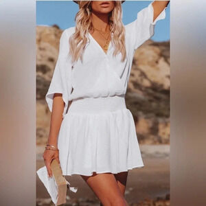 MIOU MUSE NWT  white mini flare gauze dress,cotton, smocked waistline